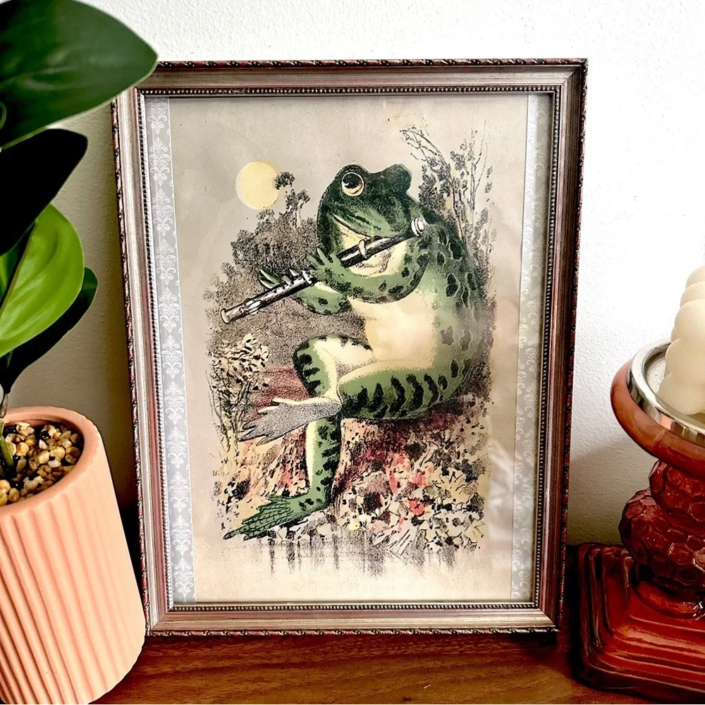 Frog Playing Flute in the Moonlight Vintage Style Canvas Print Silver Frame Art
